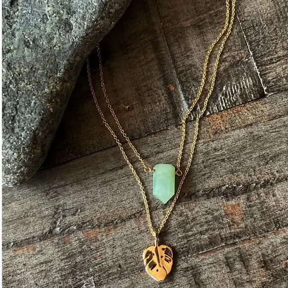 NEW Free People x Luna Norte Green Aventurine & Leaf Layer Necklace - Picture 9 of 15